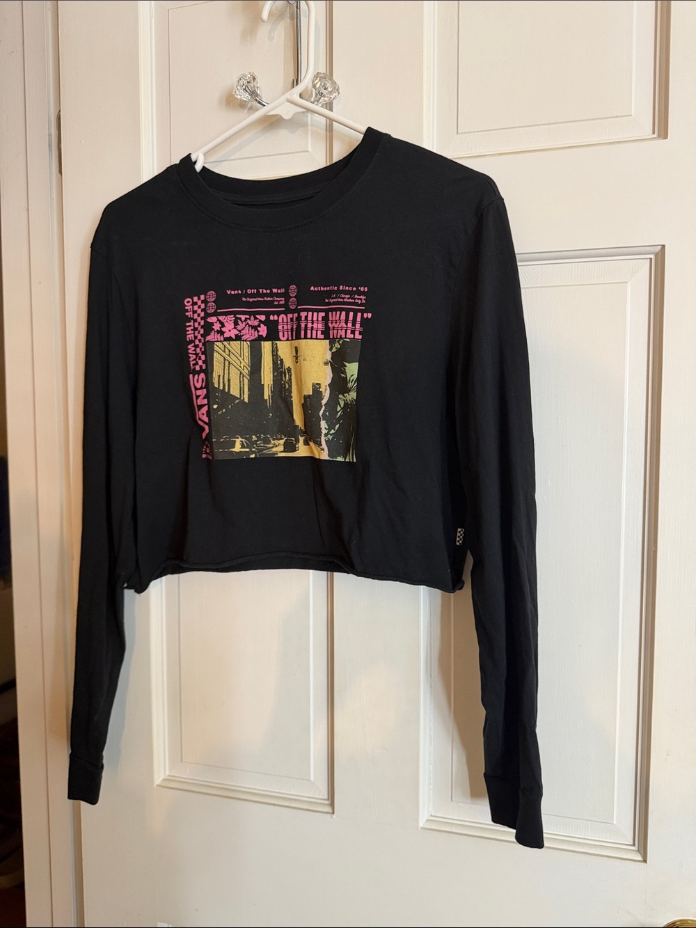 Vans Black Cropped Long Sleeve Tee with Pink and Gold Graphic